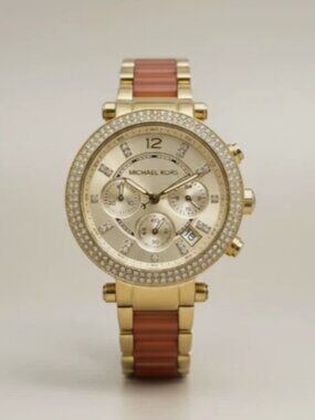 Michael Kors Parker Mini MK6139 Watch Gold Crystal Bezel Tortoise Bracelet RUNS